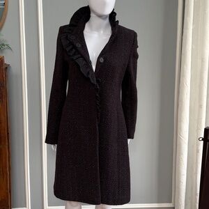 DKNY Dark Purple Tweed Wool Ruffle Coat – Cabernet – Size 6